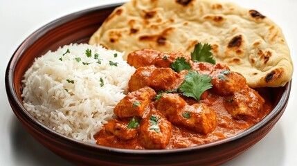 A vibrant plate of butter chicken served with naan and basmati rice.