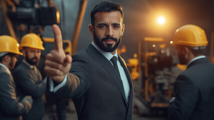 Professional hispanic man investment manager confidently assesses construction site with colleagues during sunset hours
