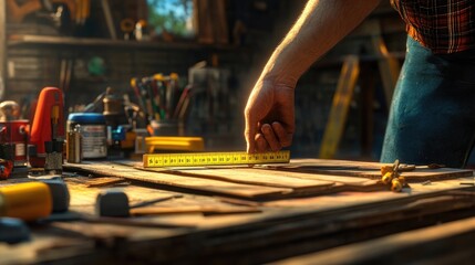 Obraz premium A vibrant scene of a handyperson measuring a piece of wood with a tape measure, surrounded by tools and construction materials,