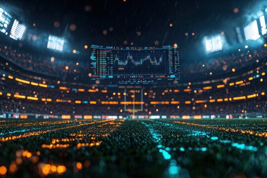 Stock market data displaying on big screen in football stadium during night time