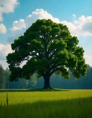 Fototapeta premium A large green oak tree in a grassy field with a bright blue sky filled with fluffy white clouds, surrounded by a dense forest of pine trees during light rain, droplets visible on the leaves.