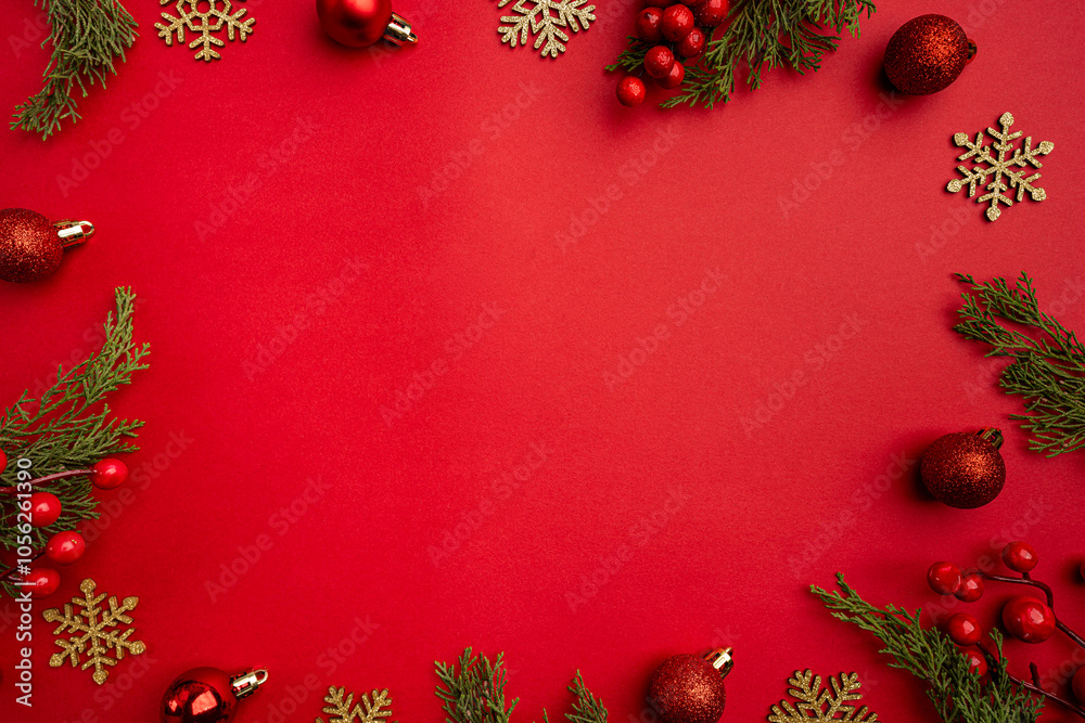 Wall mural christmas and happy new year background with gold glitter decorations on red bright background. holi