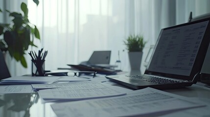 A well-arranged workspace with balance sheets, tax forms, and a laptop set against a clean white background.