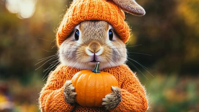 A cute rabbit wearing an orange sweater and hat holds a pumpkin in an autumnal setting