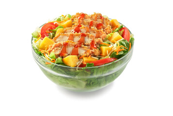 Mango chicken green salad in a transparent bowl