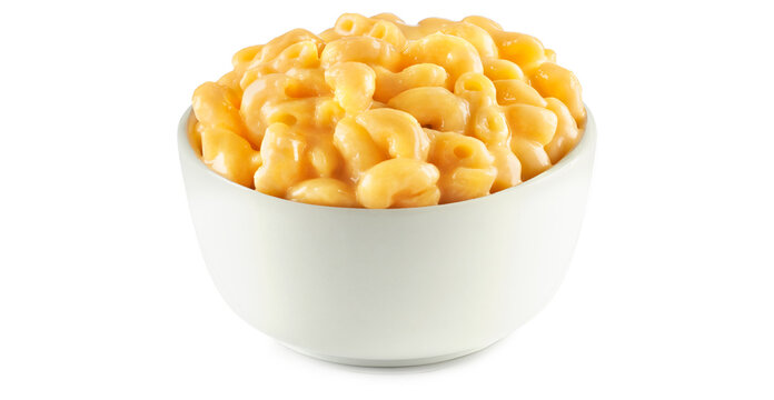 Mac and cheese in a white bowl with no walls 