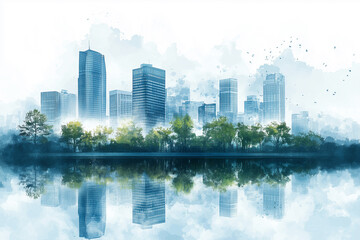 Fototapeta premium Urban skyline illustration at dawn with reflections on calm water surrounded by lush greenery and distant colorful clouds
