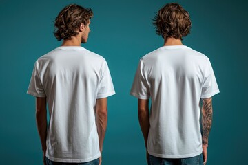 Fashion Design Mockup: Front and back view of a plain white T-shirt on a male model, ideal for fashion designers showcasing their designs.