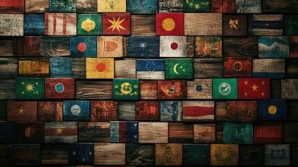 An artistic arrangement of various Asian flags laid out on a wooden surface, creating a colorful mosaic,