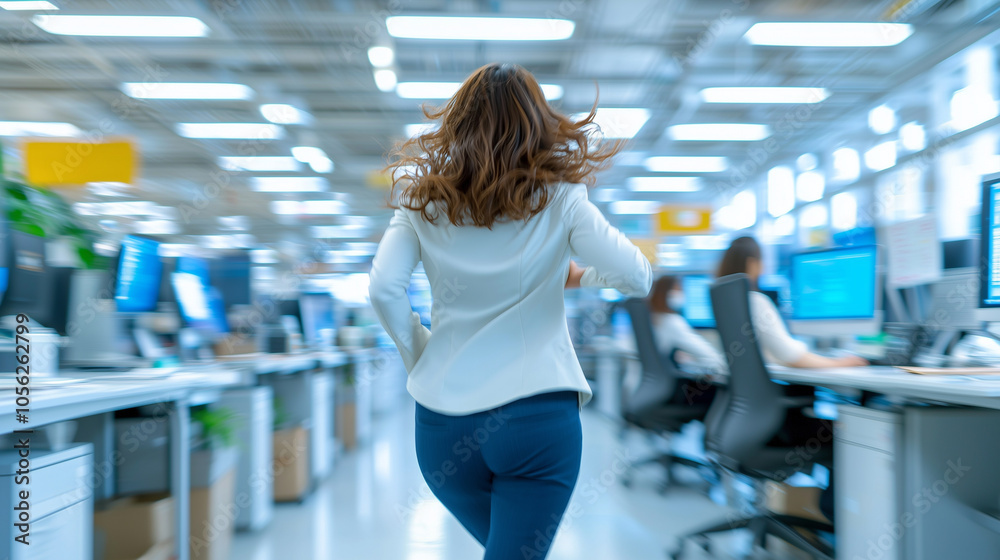 Poster businesswoman in dynamic pose rushes through modern office, conveying urgency and focus. bright, ope