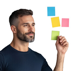 Man sticking colorful sticky notes on transparent background