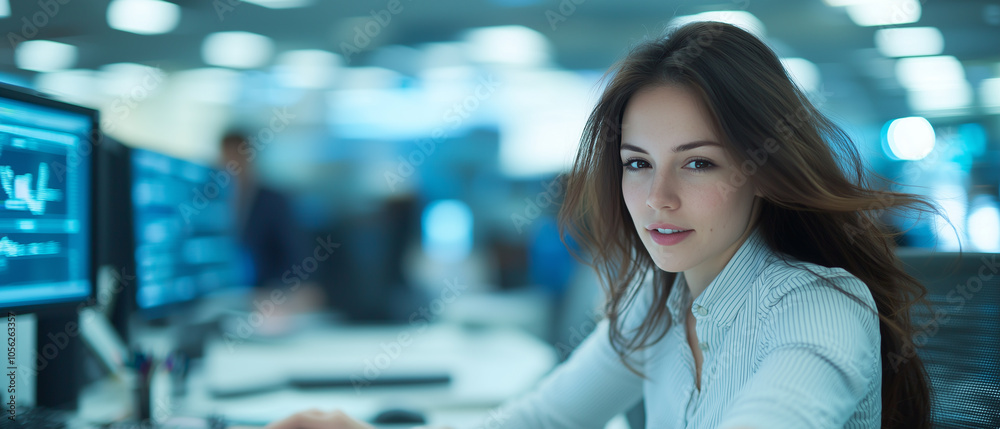 Poster focused businesswoman working in modern office, surrounded by computer screens and dynamic environme