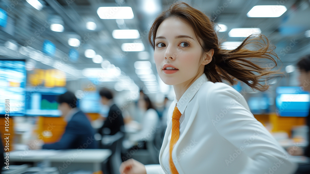 Poster businesswoman in dynamic pose moves confidently through bustling office, surrounded by colleagues an