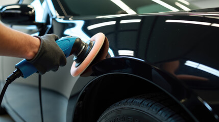 A man polishes a car with a blue polisher. The car is black and shiny. The man is wearing a blue glove