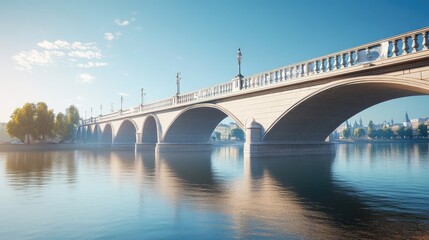 Fototapeta premium An elegant bridge spanning over a river, highlighting its architectural features against a clear blue sky.