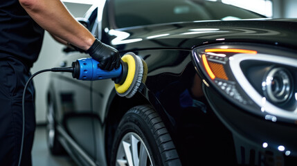 A man polishes a car with a blue polisher. The car is black and shiny. The man is wearing a black shirt and black gloves