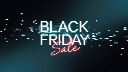 Black Friday Sale Text Illuminates Dark Background for Shopping Extravaganza. Neon Promotional Banner Announces Massive Discounts and Holiday Deals for Retail Therapy.