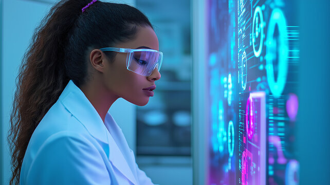 Side profile of a Black female pharmacist analyzing holographic AI data in a futuristic lab, neon lights reflect on her face, glowing medical charts hover in front of her, digital art, sci-fi style
 - Powered by Adobe