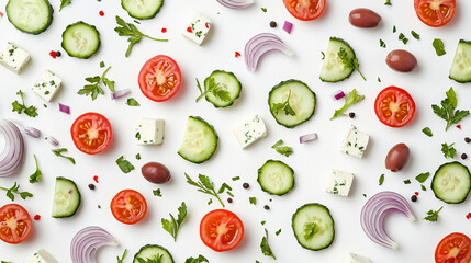 Minimalist Top-Down View of Deconstructed Greek Salad Ingredients