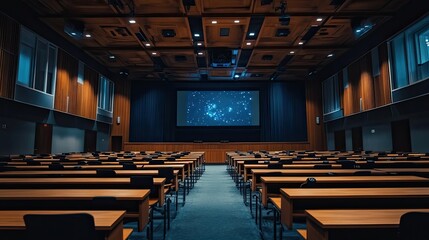 An elegant lecture hall filled with wooden desks and a large projector screen displaying educational content,