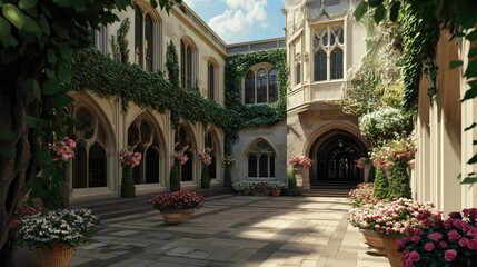 Fototapeta premium An elegant university courtyard adorned with flowers and decorations for graduation day.