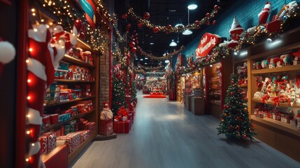 Fototapeta premium An eye-catching seasonal display of holiday decorations and gifts in a retail environment, capturing the festive spirit,