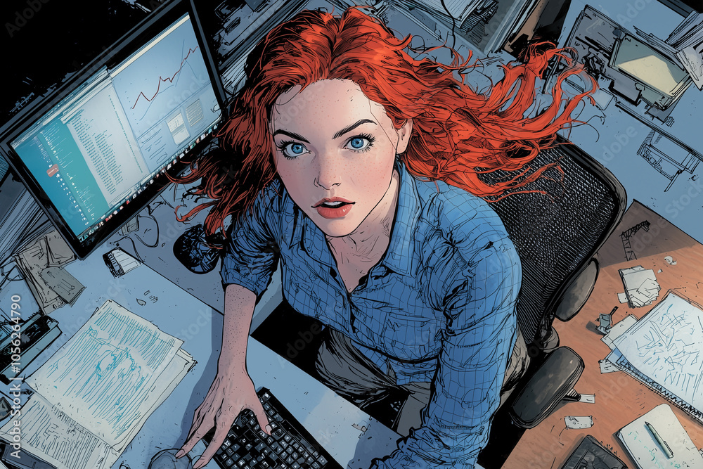 Poster dynamic illustration of business woman with red hair, working at cluttered desk with multiple computer screens displaying data, conveying focus and determination