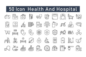 
50 linear health and hospital icon packs. ambulance, laboratory, pills, syringe, nurse icons, etc. Suitable for app and website design etc., isolated on white background.