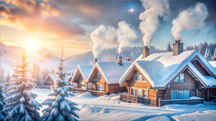 Snowy Village with Wooden Cabins and Chimneys Smoking Under Winter Morning Sun