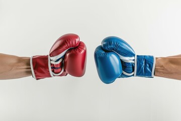 Red and blue boxing gloves in conflict on white background