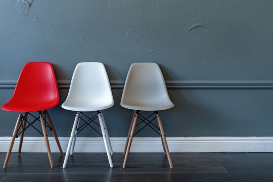 Row of chairs with one in different color against gray wall in office Concept of job opportunity and recruitment with space for copy