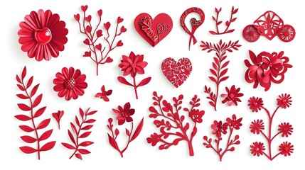 A vibrant assortment of red floral shapes, including hearts and leaves, arranged artistically on a white background.