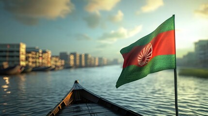 The Bangladesh flag unfurled in the wind on a boat in a serene waterway,