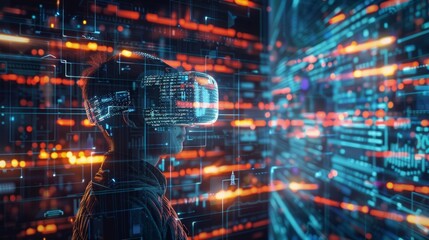 Software engineer wearing virtual reality headset is exploring virtual reality and metaverse, experiencing innovative technology of future