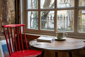 Obraz premium Table with coffee book and red chair near window overview photo