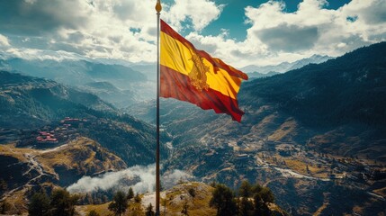 The Bhutan flag seamlessly blended with natural landscapes, showcasing its colors.