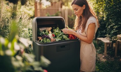 Woman composting food waste. Outdoor compost bin for reducing kitchen waste. Organic waste in garden composter, eco-friendly gardening, sustainability.