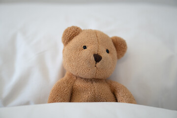 Brown teddy bear lying on a white pillow. Bear is partially covered by the pillow with only its head and front paws visible. Sleeping on a white pillow with a blanket.