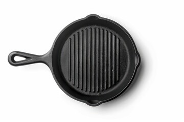Top view of empty cast iron grill frying pan on white background