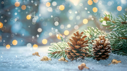 Fir branches and pinecones on snowy table and Christmas lights