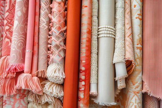 Various fabrics in color palette trendy PANTONE 13 1023 Peach Fuzz for 2024