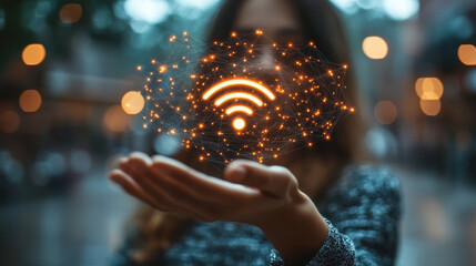 Hand holding glowing Wi-Fi symbol made of connected lights, digital network technology, wireless communication, futuristic connectivity concept, innovation, internet, data exchange, online connection