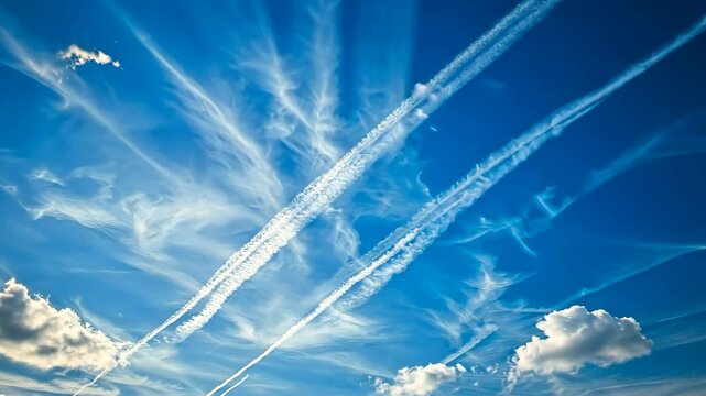 Contrails streak across a blue sky with wispy clouds