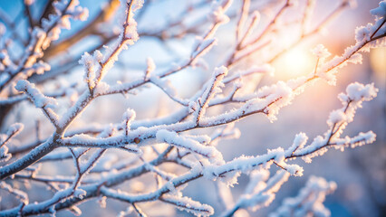 Frosty Branches of Winter Tree Covered in Ice Crystals Against Soft Morning Light