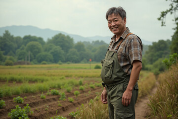 Smiling farmer stands on a dirt path, overlooking his fields, wearing a plaid shirt and green work pants.