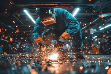 A welder working in a workshop, creating sparks while welding metal components.