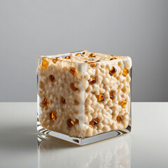 Glass Rice Krispies Treats sculpture with textured creamy beige surface and golden tones, elegant...