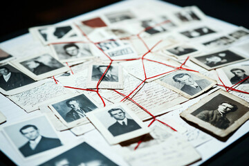 Fototapeta premium a board with old photographs and letters linked by red strings, implying a detective theme