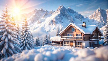 Fototapeta premium Sunrise Over Snow-Covered Chalet in Pine Forest on Snowy Mountain Slope