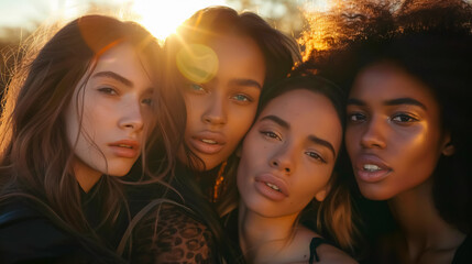 Obraz premium Five beautiful multicultural young women looking at camera in sunlight